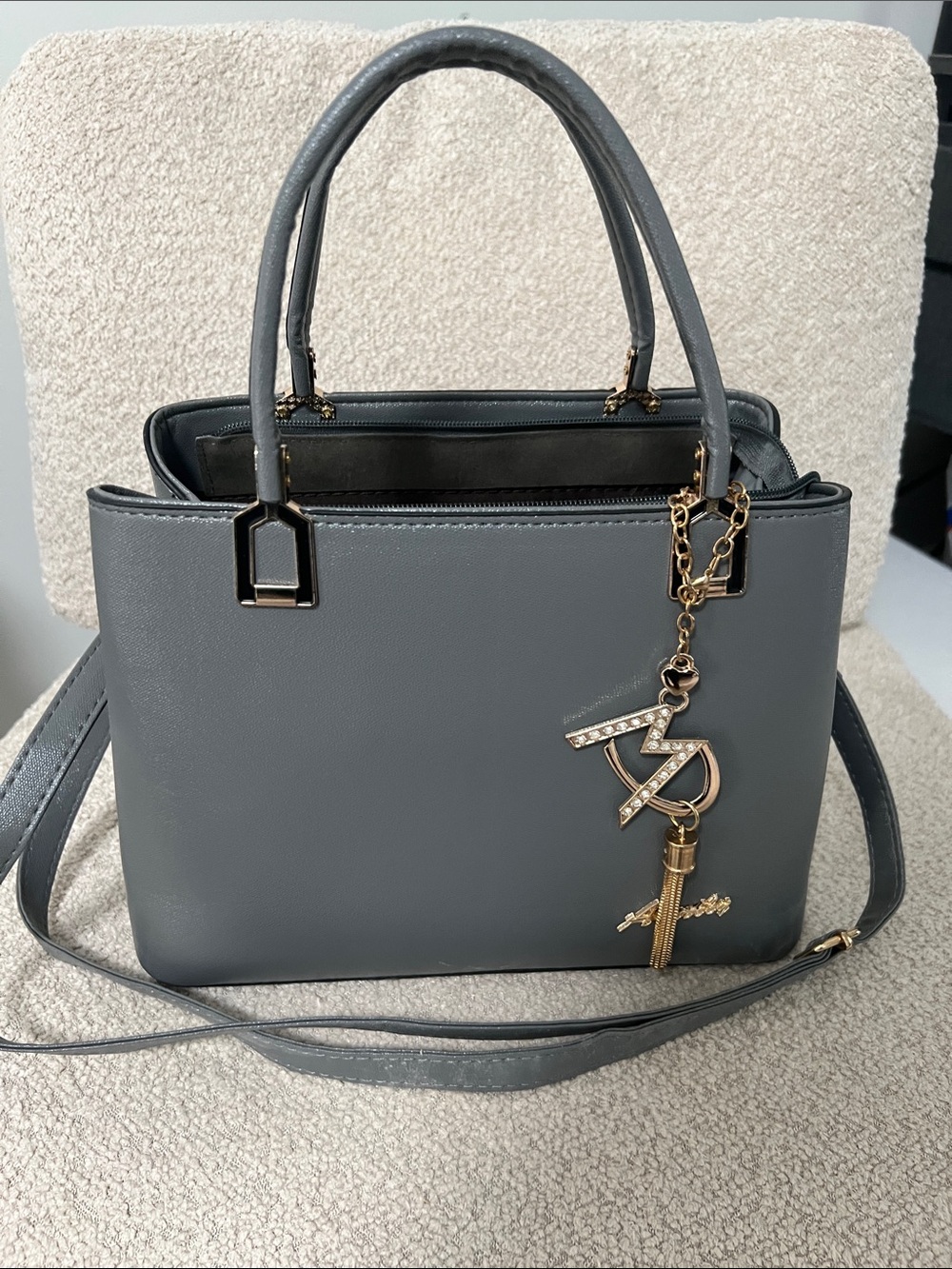 Classic Gray Structured Satchel with Gold Charm Detail